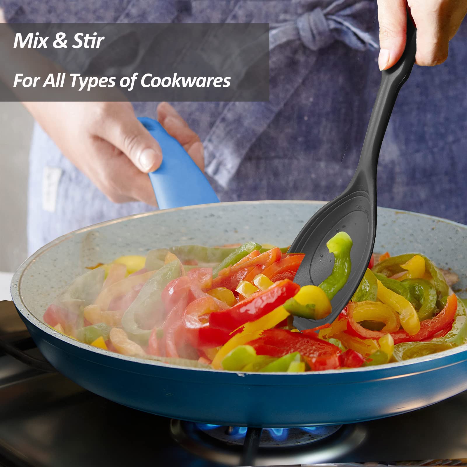 Large Silicone Cooking Spoon Set - Non-Stick Solid Kitchen Utensils with Deep Bowl & Measurement Marks for Mixing, Serving, Draining, Scooping & Scraping - Heat Resistant Black Spatula for Baking, Cooking & Meal Prep