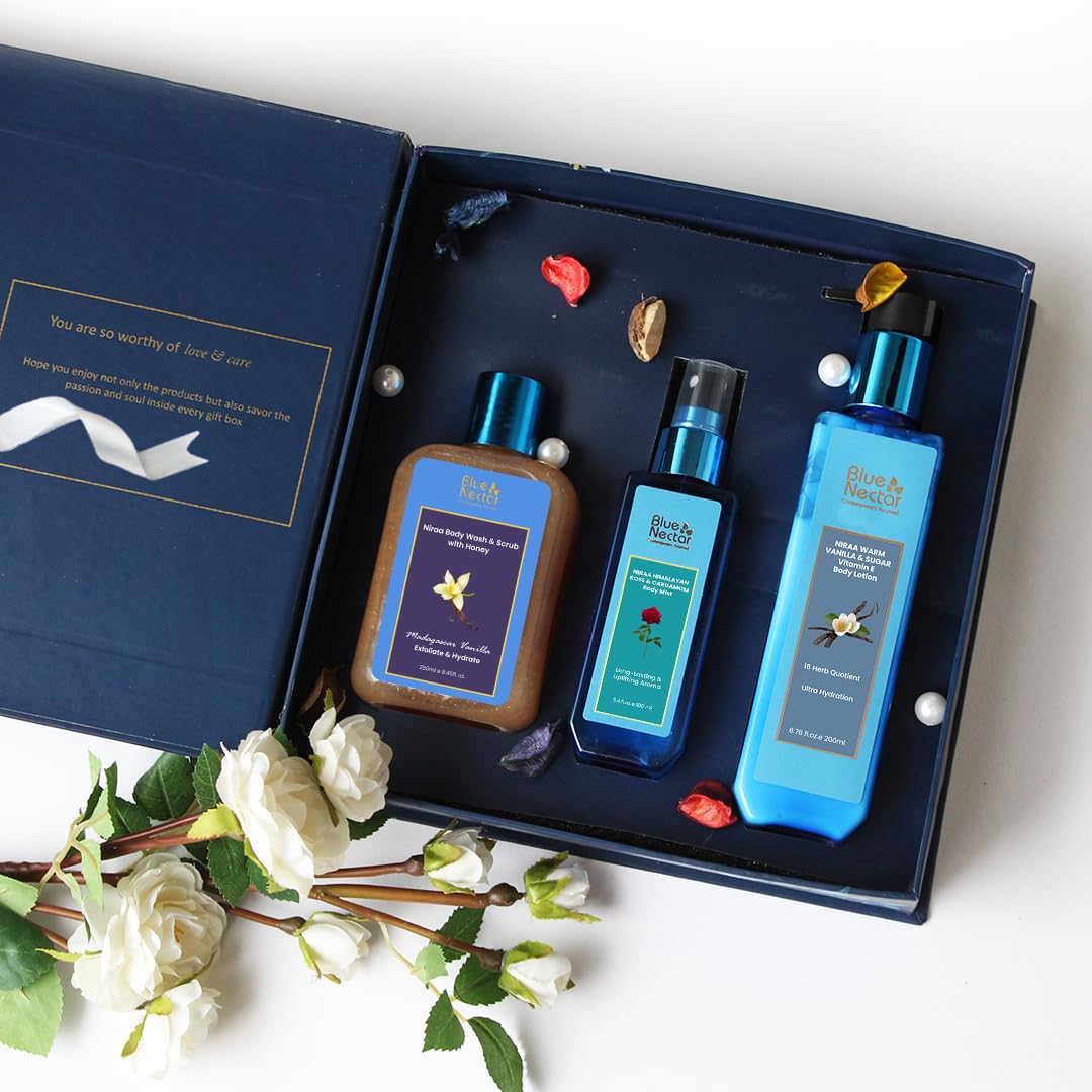 Blue Nectar Beauty Gift Set - Premium Skincare Combo with Vanilla Lotion, Body Wash, Scrub & Body Mist | Perfect Birthday & Anniversary Gift for Women | Spa Day Essentials for Relaxation & Self-Care | 3-Piece Set