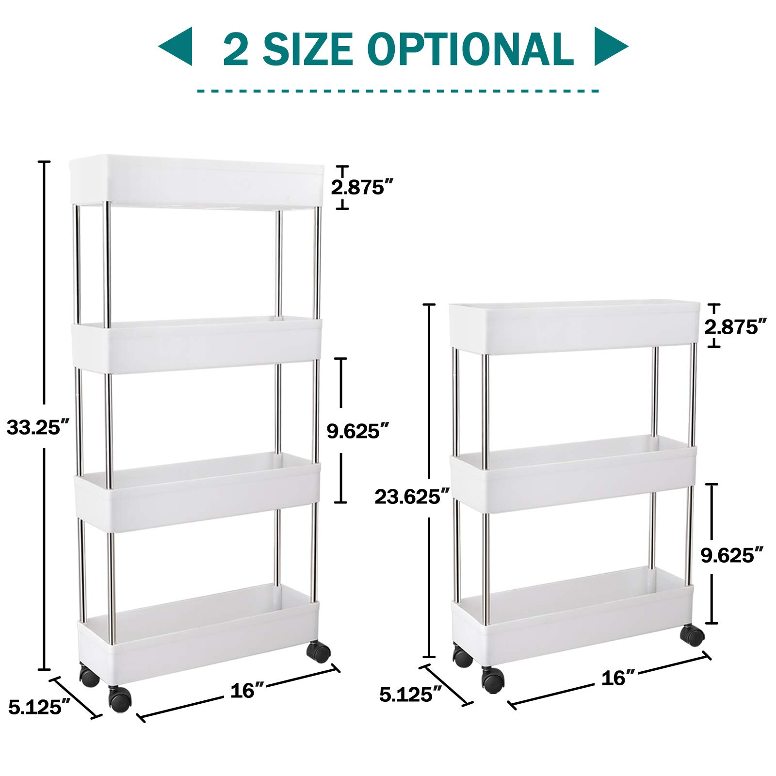 4-Tier Slim Rolling Storage Cart with Wheels - Mobile Utility Organizer for Bathroom, Kitchen, Office & Laundry - Space-Saving Plastic & Stainless Steel Shelving Unit - Perfect for Small Spaces, Closets & Narrow Areas (White)