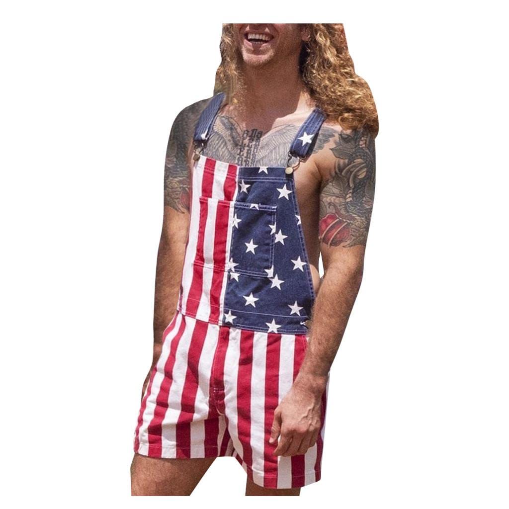 Men's American Flag Denim Overalls - Adjustable Strap Shorts Romper Jumpsuit for Casual Wear | Patriotic Bib Overalls for BBQ, Festivals & Workwear