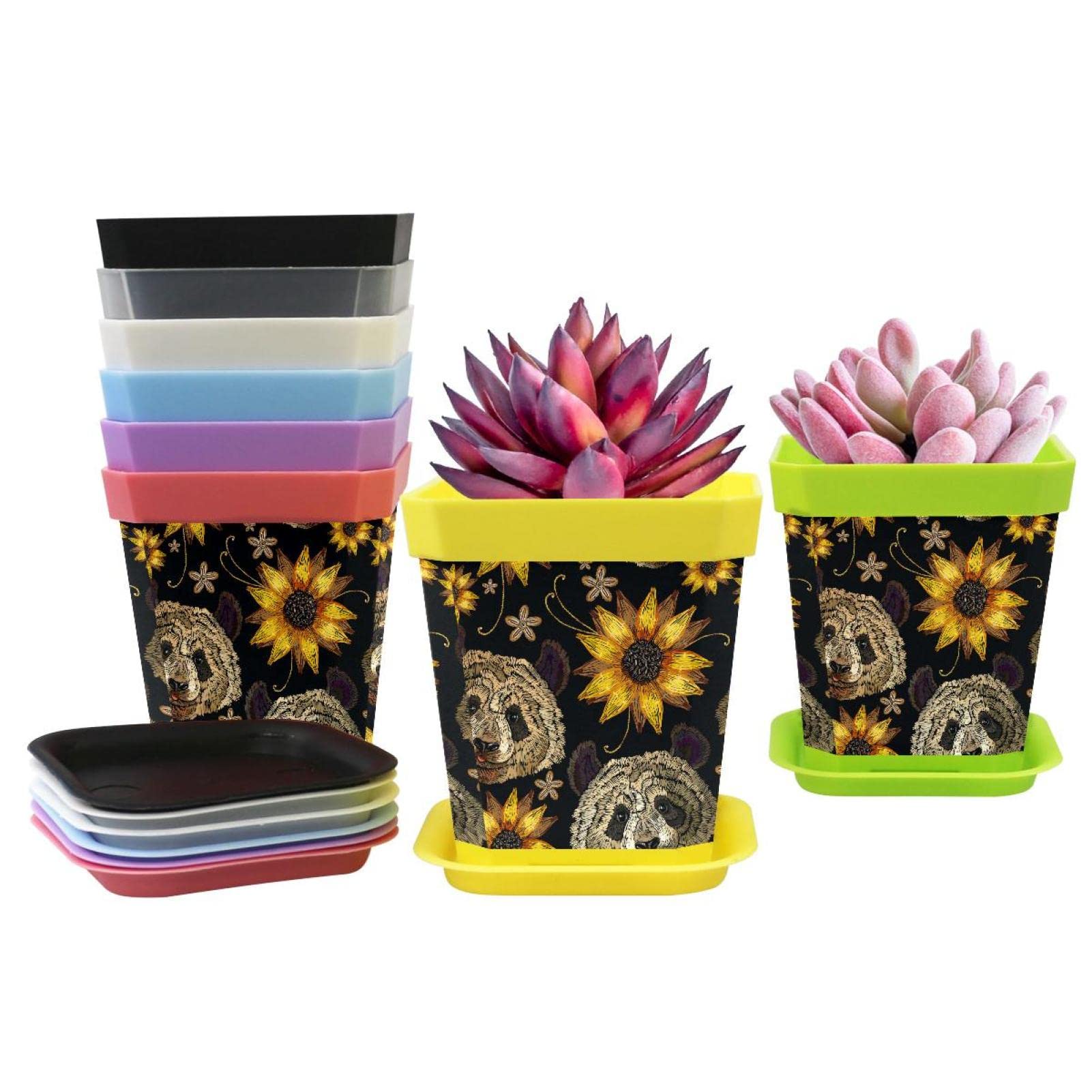 8-Pack Plastic Plant Pots with Drainage Saucers - Indoor/Outdoor Flower Planters for Houseplants, Succulents, Cactus (Panda & Sunflower Design) - Perfect for Home Decor, Office Desk & Garden Planting