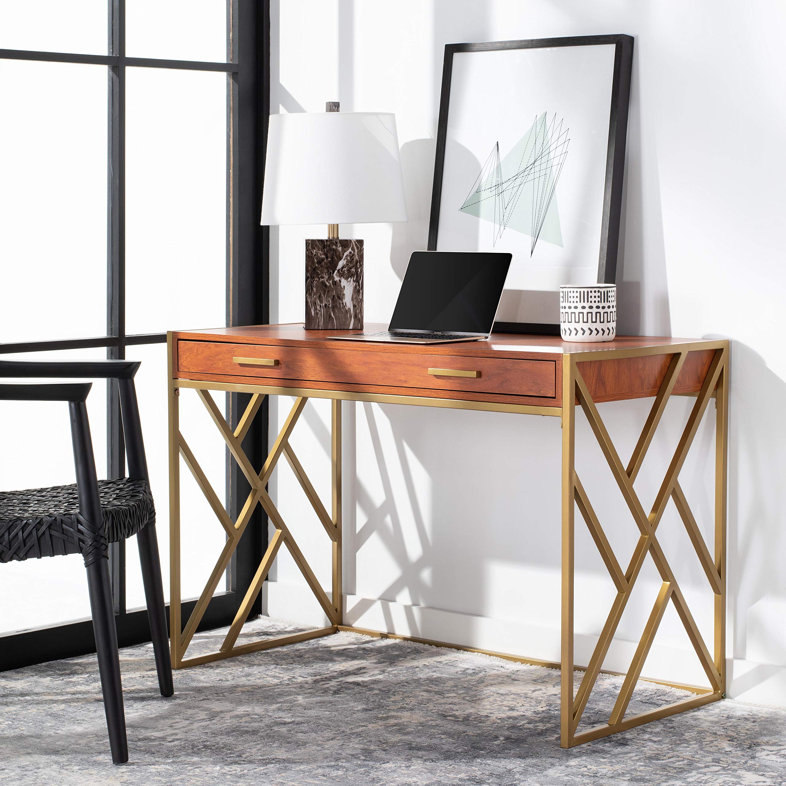 Safavieh Elaine Modern Home Office Desk with 1 Drawer - Natural Wood & Gold Finish for Stylish Workspaces & Study Rooms