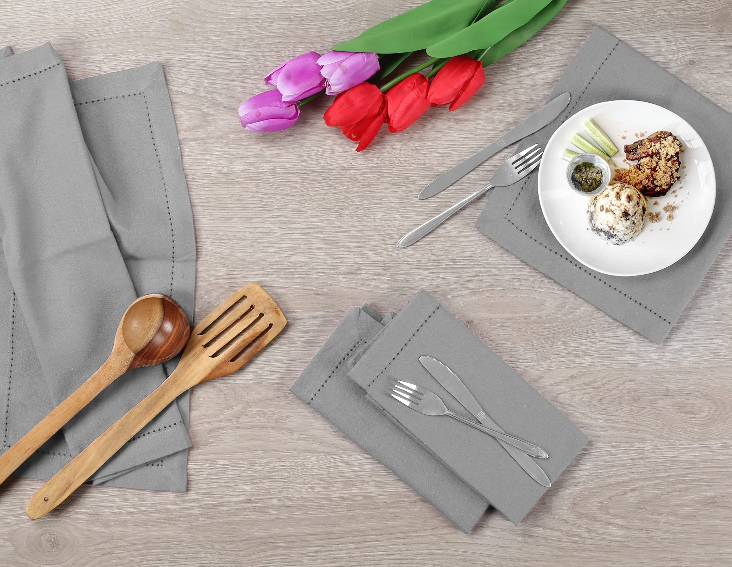 Premium 18x18 Inch Cotton Cloth Dinner Napkins - Set of 12 Soft, Durable & Washable Hemstitched Napkins for Farmhouse, Christmas, Wedding & Everyday Dining - Ash Grey Table Decor for Home & Restaurant Use