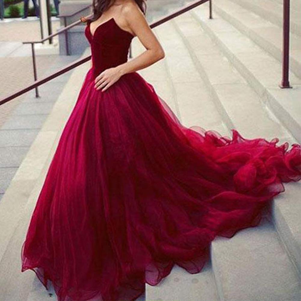 Lemai V Neck Velvet and Tulle Long Ball Gown Corset Formal Evening Prom Dresses for Women - Elegant Plus Size Wedding Guest Dress, Homecoming, Black Tie Events & Special Occasions