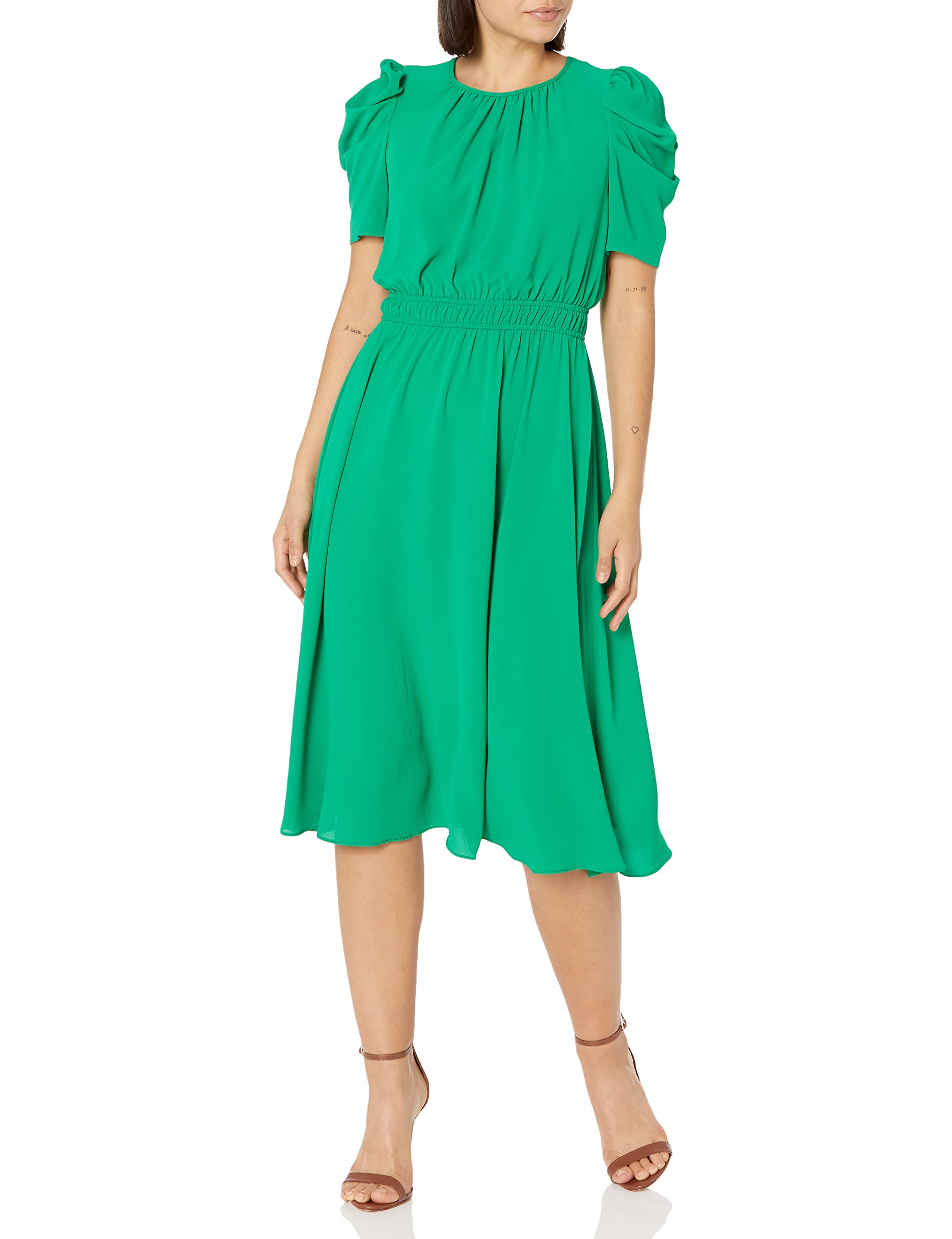 London Times Women's Caterpillar Puff Sleeve Midi Dress - Gathered Waist A-Line Flowy Summer Dress for Beach Vacation, Garden Party & Casual Outings