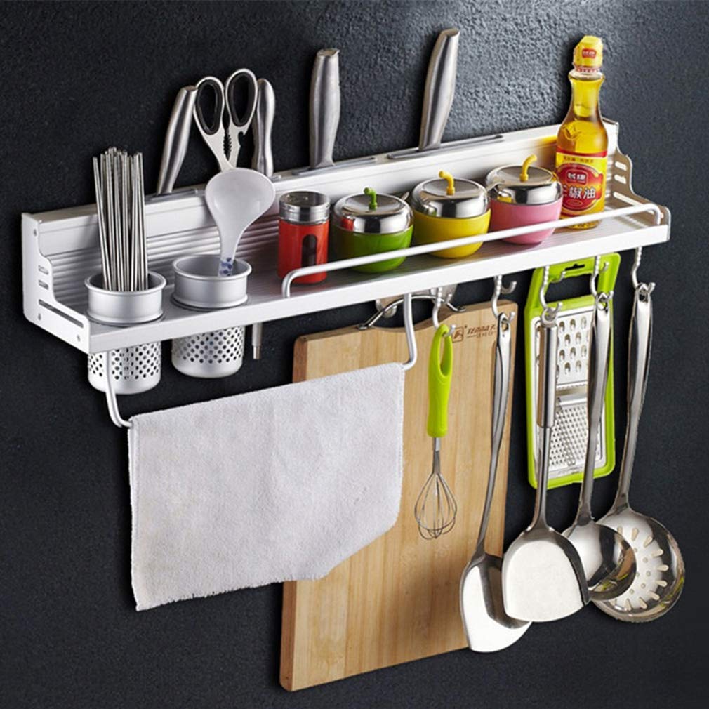 Stainless Steel Wall Mounted Kitchen Utensil Holder - Multi-Functional Organizer for Knives, Spices, Towels & More with Hooks - Perfect for Small Kitchens, Apartments & RVs