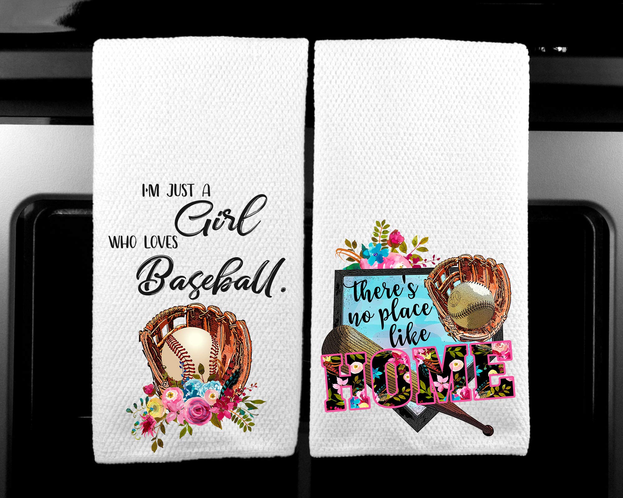 No Place Like Home & Baseball Lover Floral Microfiber Kitchen Tea Towel Set of 2 - Perfect for Baseball Themed Kitchens & Sports Fan Home Decor