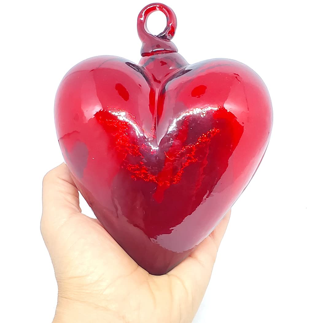 Red Hanging Glass Hearts Set of 6 - Handmade Recycled Blown Glass Decor in 3 Sizes - Perfect for Valentine's Day, Wedding Decorations & Home Wall Ornaments