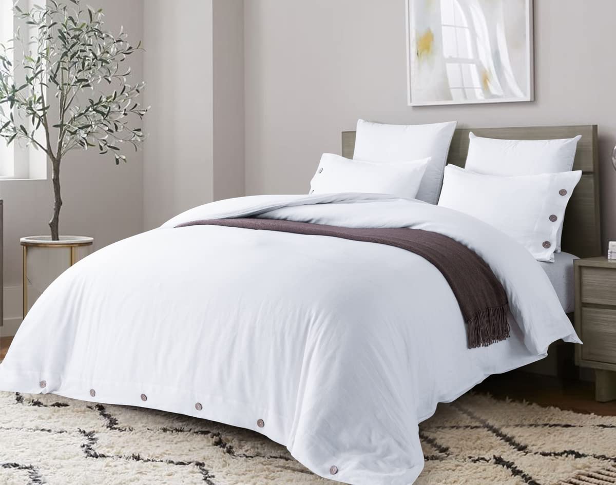 Premium Meadow Park Stone Washed Linen King Duvet Cover Set (3-Piece) | OEKO-TEX Certified 100% Natural Ultra-Soft Bedding | Machine Washable All-Season Comfort | Perfect for Master Bedroom, Guest Room & Vacation Homes | White