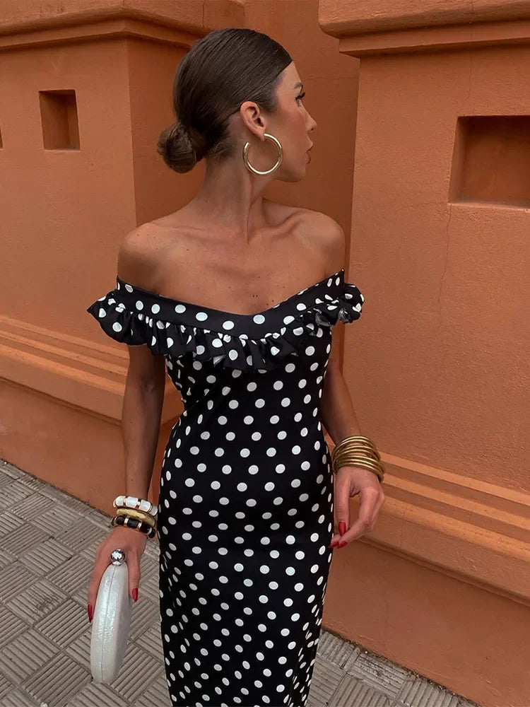 Elegant Polka Dot Print Ruffles Maxi Dress for Women - Strapless Slash Neck Backless Party Dress | Sexy Clubwear & Evening Gown for Night Out, Date Night, Cocktail Party