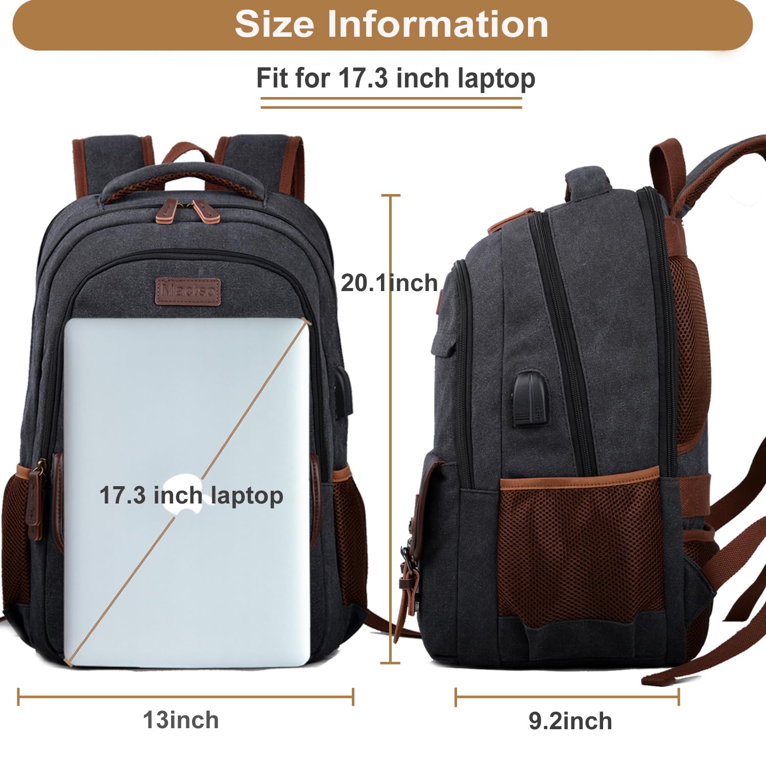 Mactso 17.3 Inch Canvas Laptop Backpack for Men & Women - Business Travel, College & Work Computer Bag with USB Charging Port - Fits 17.3 Inch Notebook (Black) | Perfect for Commuting, School & Business Trips
