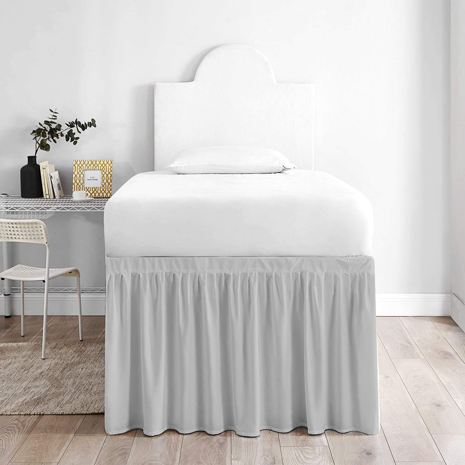 Ruffled Dorm Bed Skirt for College Loft Beds - Twin XL Size with 40 Inch Tailored Drop - 3-Sided Dust Ruffle in Silver | Perfect for Dorm Rooms, Small Spaces & Elevated Beds