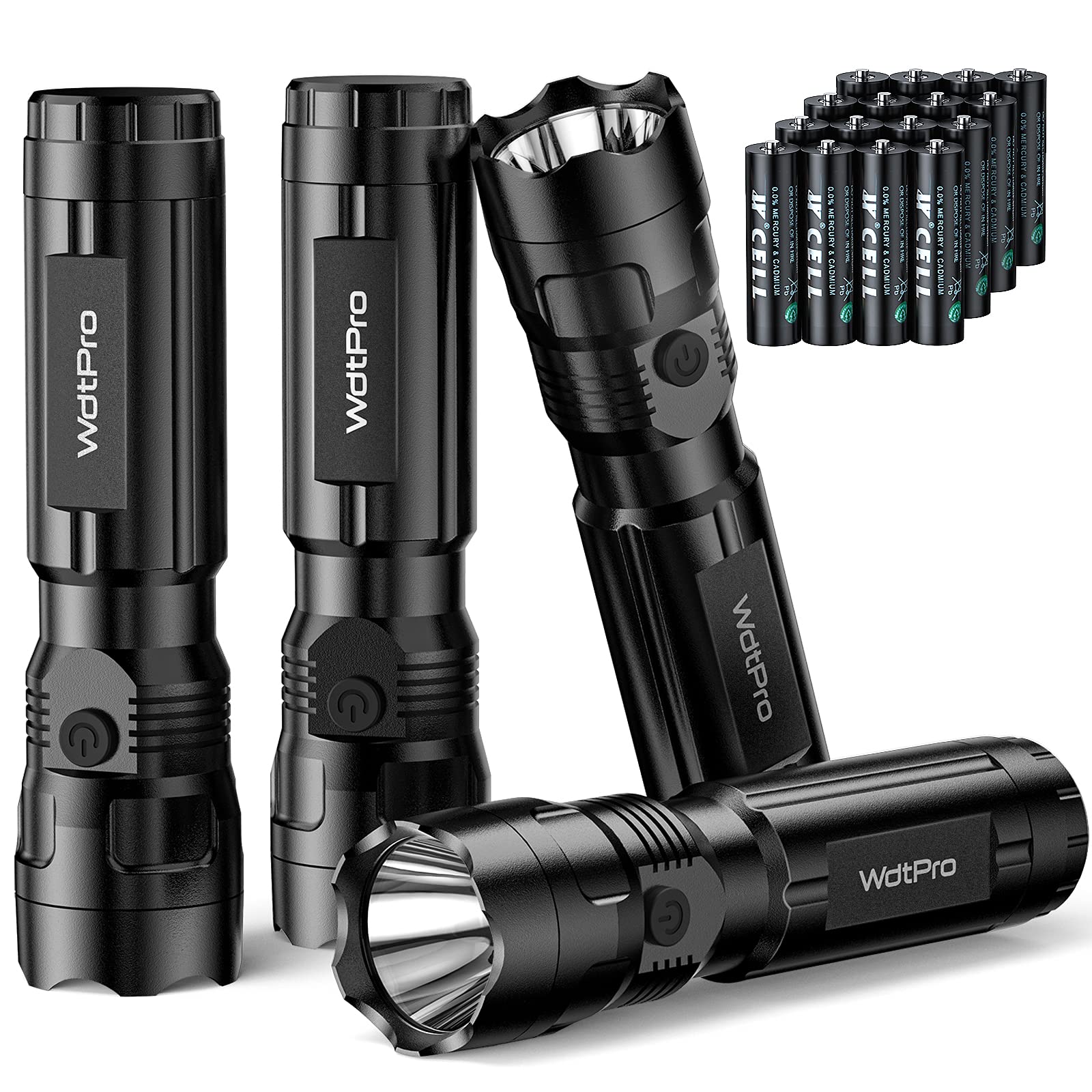WdtPro 4 Pack LED Flashlights - 1000 Lumens Bright Flashlight with 16 AAA Batteries Included | Super Long Battery Life Single Mode EDC Flashlight for Camping, Hiking, Emergency Kits, Hurricane Supplies & Power Outages