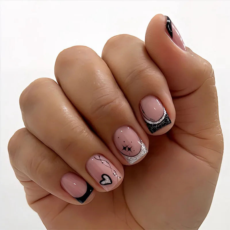 24Pcs Short Glitter Press on Nails - Black & Red Valentine's Day Fake Nails with Full Cover French Tip | Perfect for Parties, Date Nights & Special Occasions