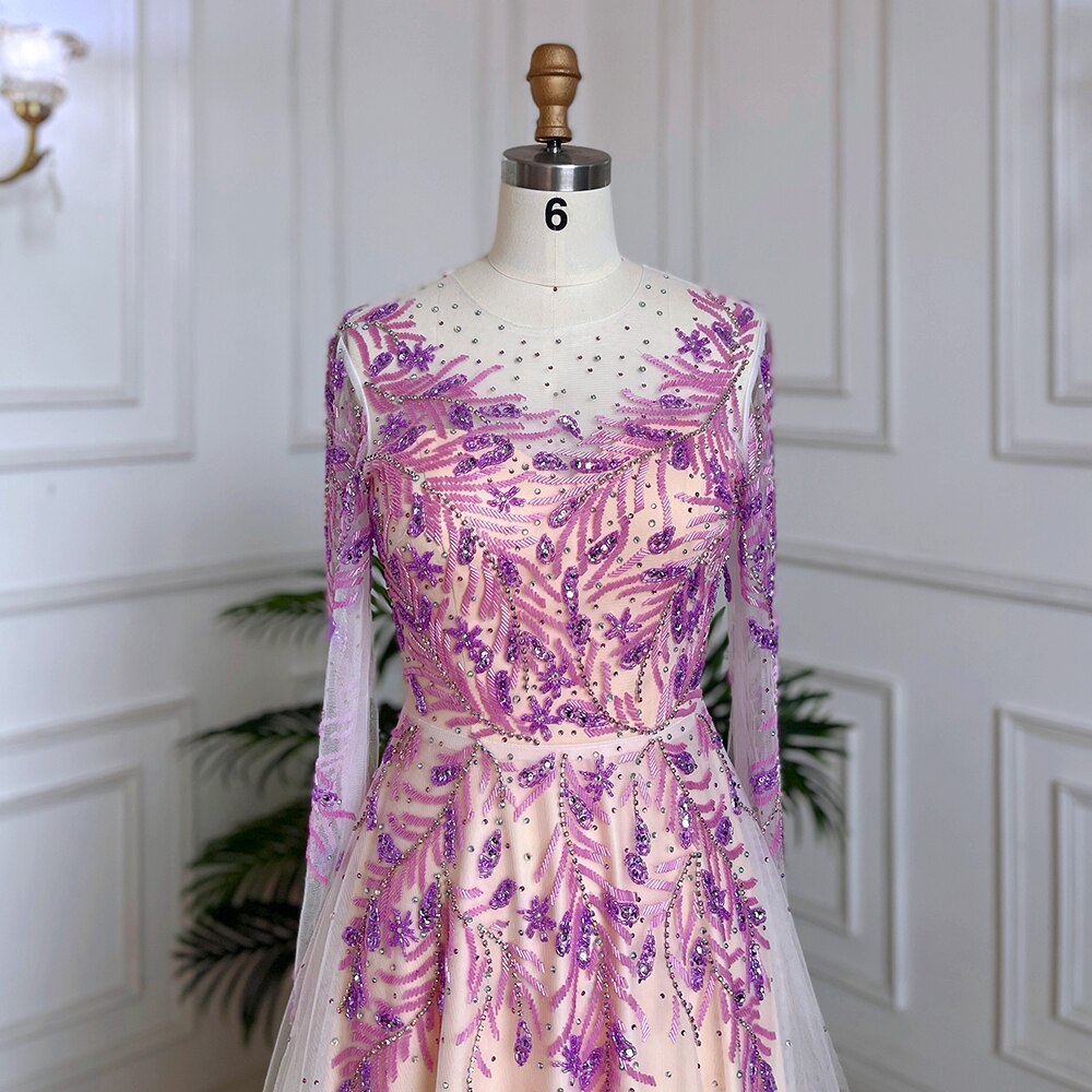 Luxury Muslim Lilac Beaded Dubai Evening Gown for Women - A-Line O-Neck Long Dress for Wedding, Party & Special Occasions | Serene Hill LA71958 | Elegant Formal Wear for Evening Events & Celebrations
