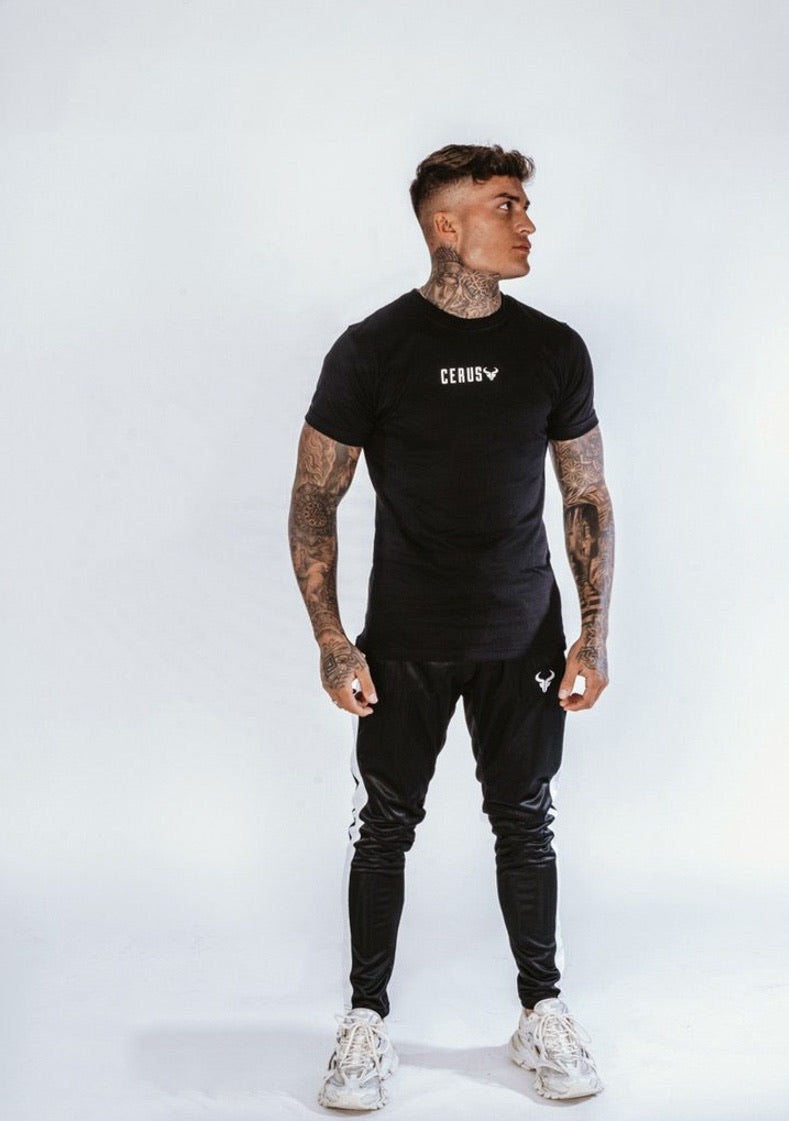 Cerus Black Muscle Fit T-Shirt for Men - Slim Fit Cotton Tee with White Small Print Logo - Gym Workout, Casual Wear & Street Style Outfits