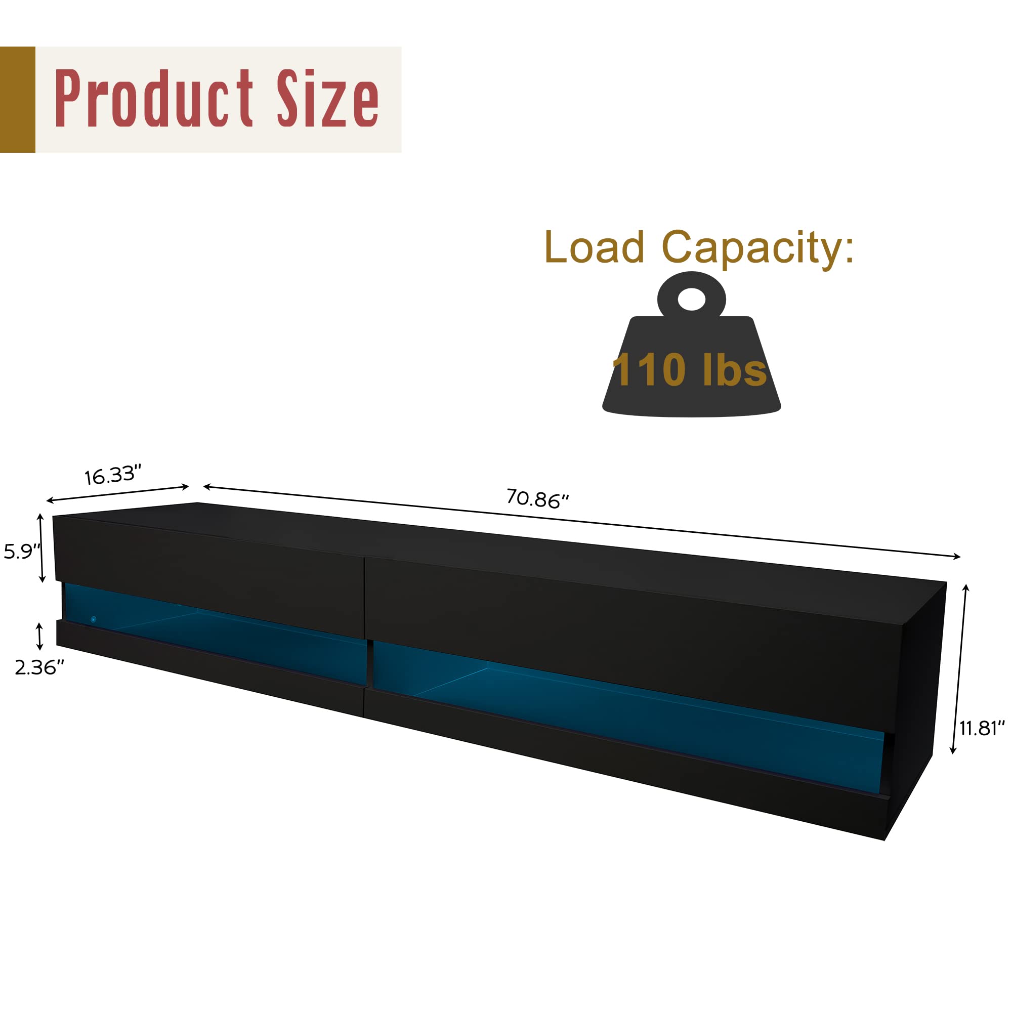Floating LED TV Stand for 65-80 Inch TVs - Modern High Gloss Wall Mounted Entertainment Center with LED Lights - Black | Perfect for Living Room, Bedroom & Home Theater Setup