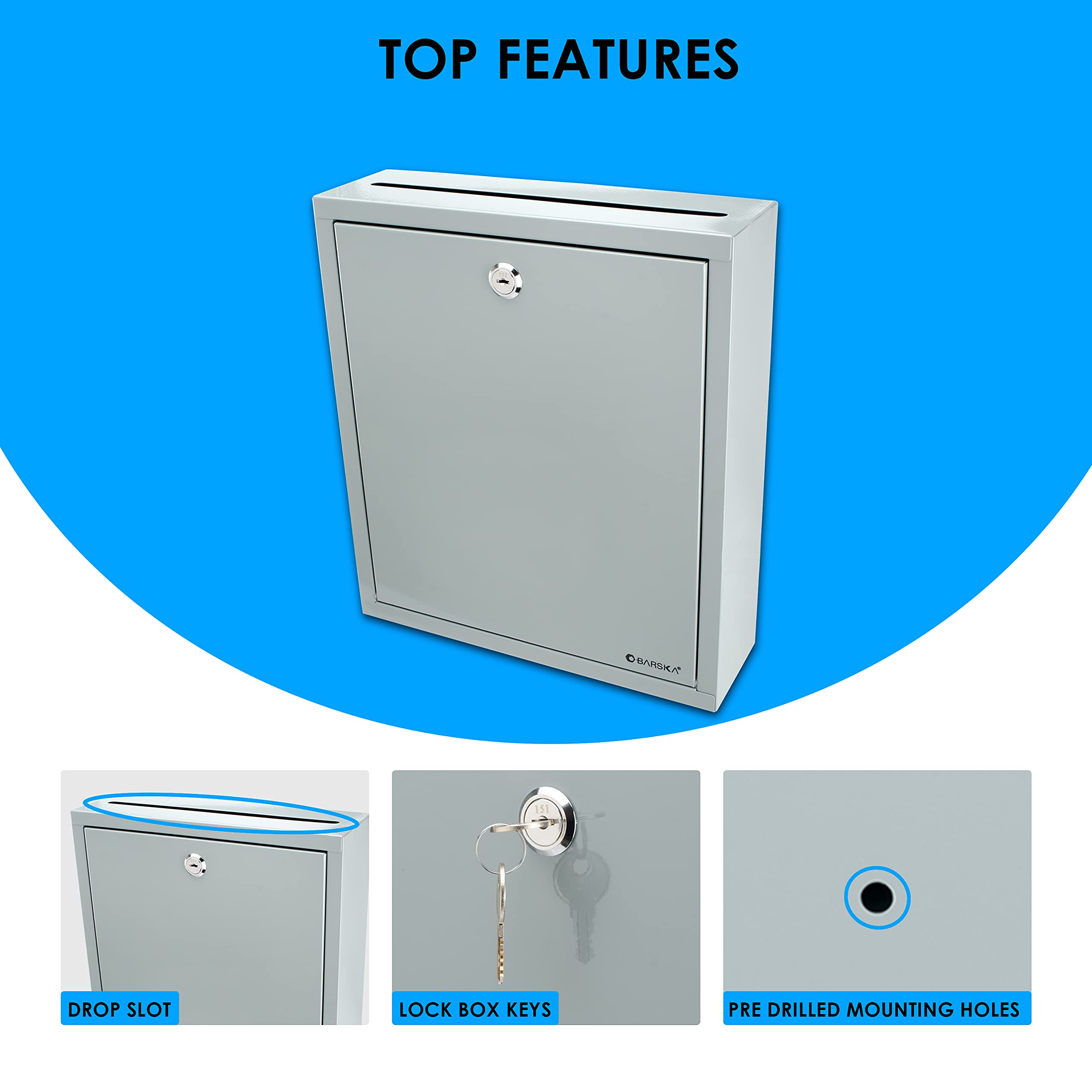 Barska Wall Mount Secure Locking Mail Drop Box with Key - Multi-Purpose Suggestion Box for Home, Office & Classroom - Ideal for Secure Package Delivery, Document Collection & Confidential Suggestions