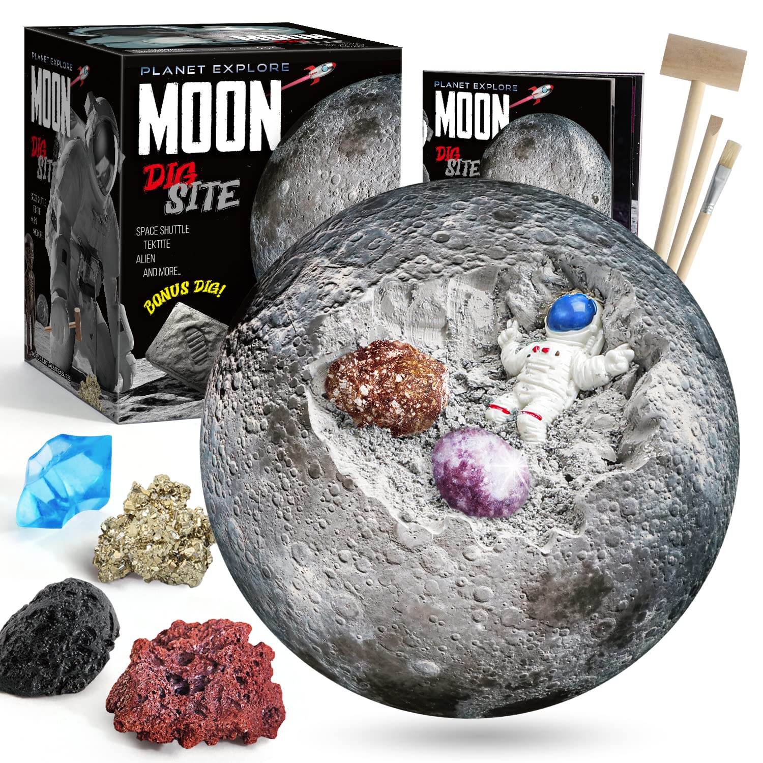 XXTOYS Solar System Moon Dig Kit - Excavate 13 Gemstones, Crystals & Minerals - STEM Educational Space Toys for Kids - Perfect Geology & Archaeology Gift for Boys & Girls - Fun Science Experiment for Home & Classroom Learning