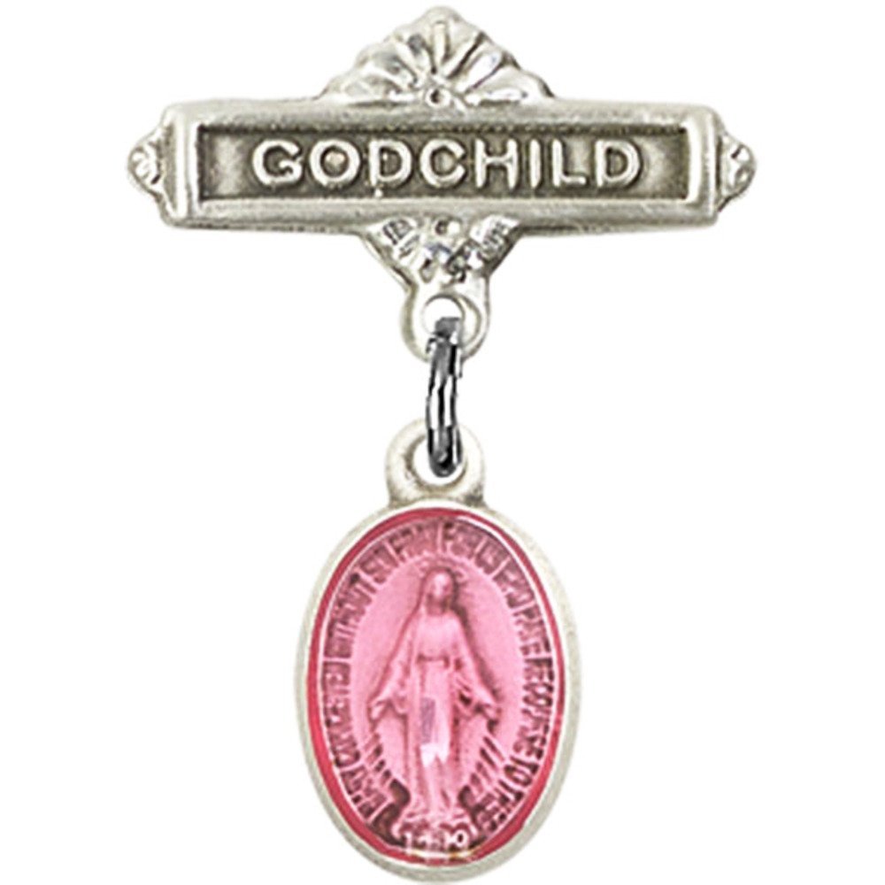 Bonyak Jewelry Saint Medal Collection - Sterling Silver Baby Badge with Pink Miraculous Charm & Godchild Pin (7/8