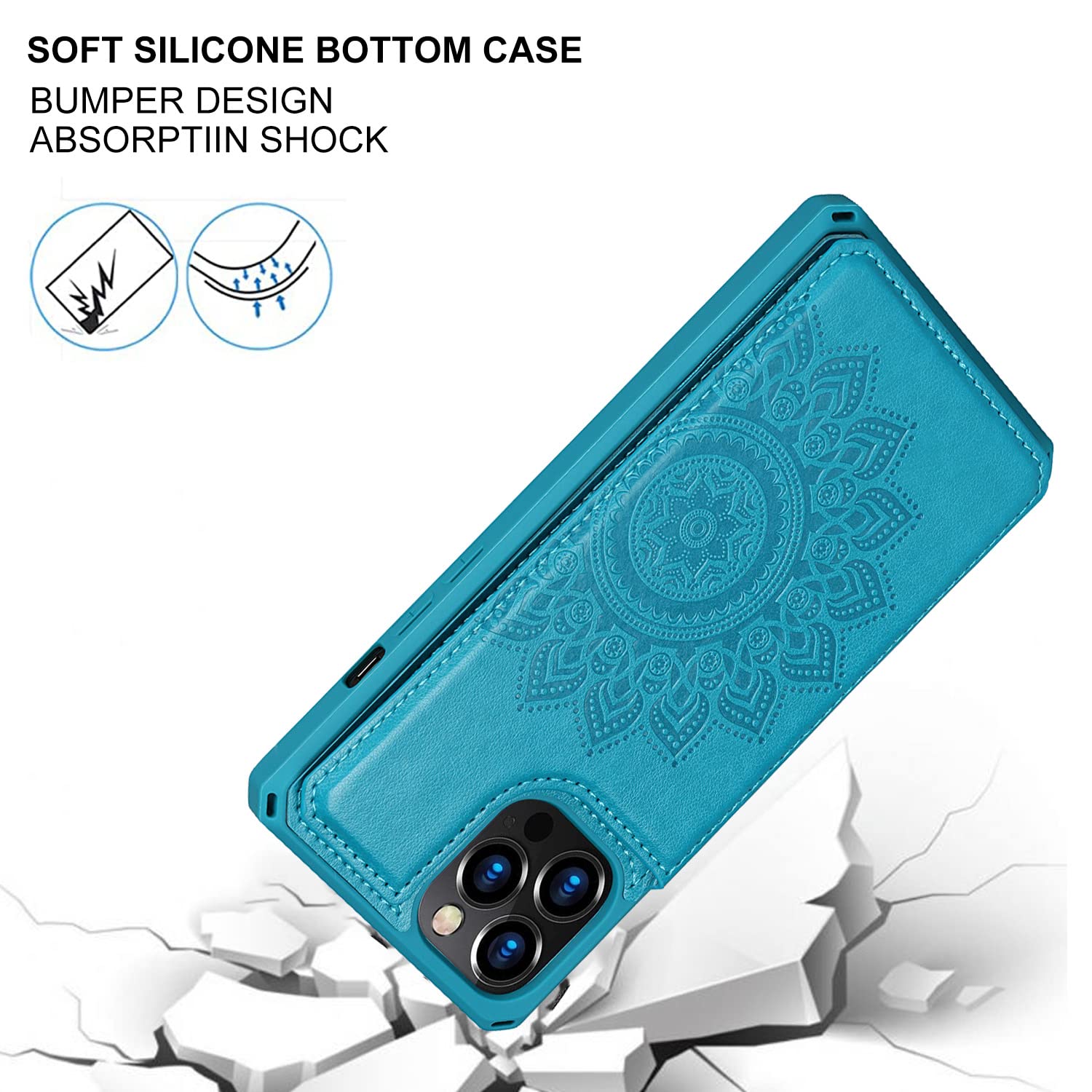 Premium Leather Wallet Case for iPhone 12/12 Pro - Shockproof Protective Cover with Card Holder, Stand & Wrist Strap (Blue) | Perfect for Work, Travel & Everyday Use