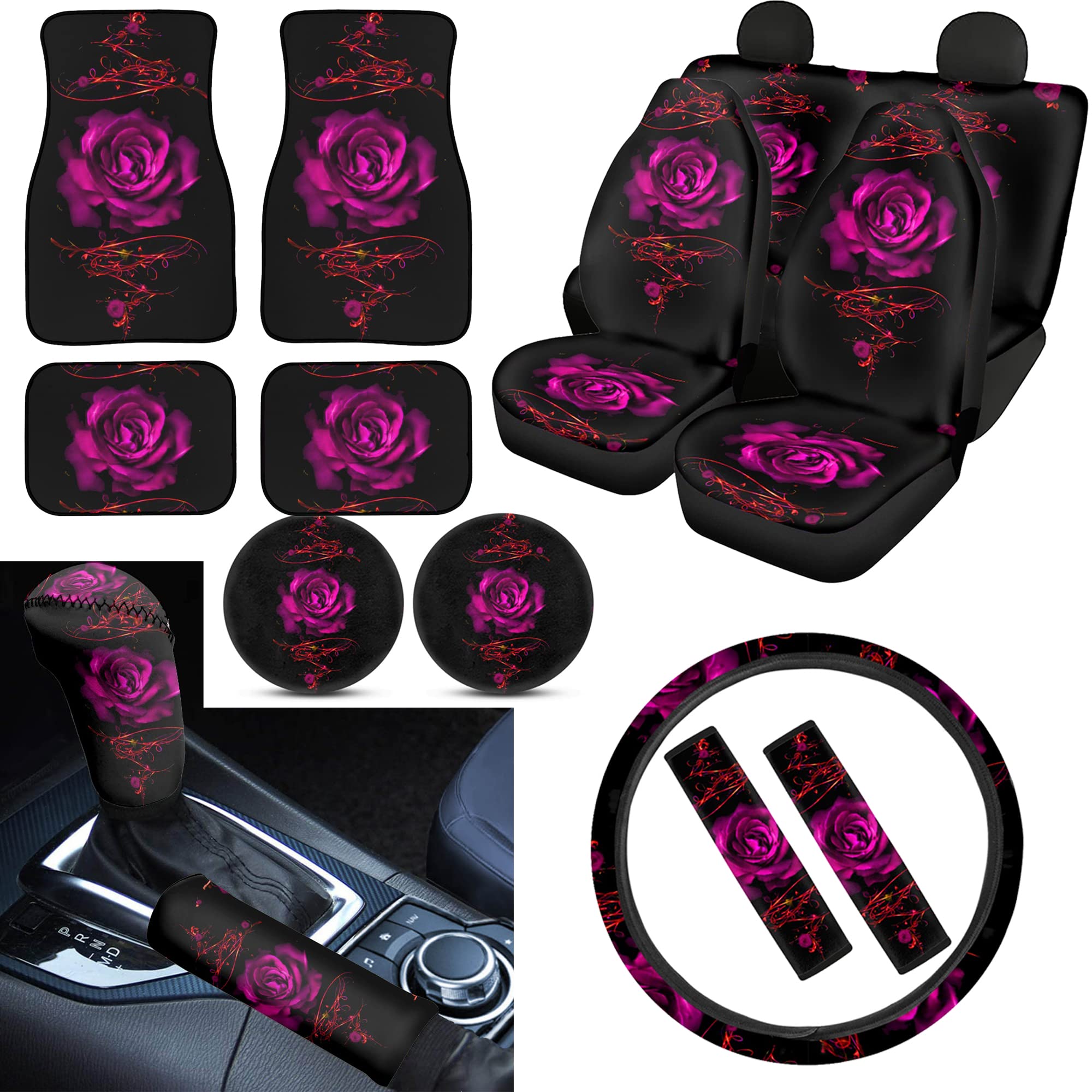 UNICEU Women's Car Accessories Set - 15-Piece Rose Print Collection (Seat Covers, Steering Wheel Wrap, Seatbelt Pads, Coasters, Gear Shift Cover, Floor Mats) | Perfect Gift for Female Drivers & Car Interior Decoration