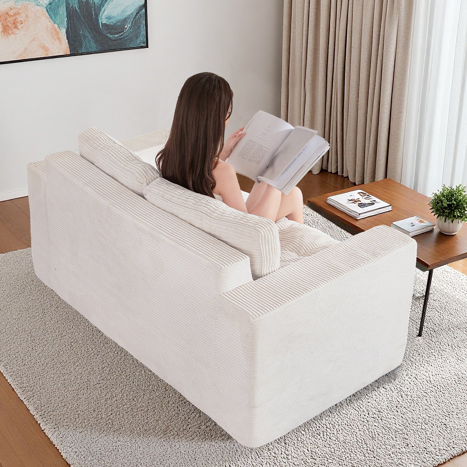 MAXYOYO Bean Bag Sofa Chair - Upholstered Floor Sofa with Armrests for Adults, Beige | Comfortable Lounge Seating for Living Room, Bedroom & Game Room