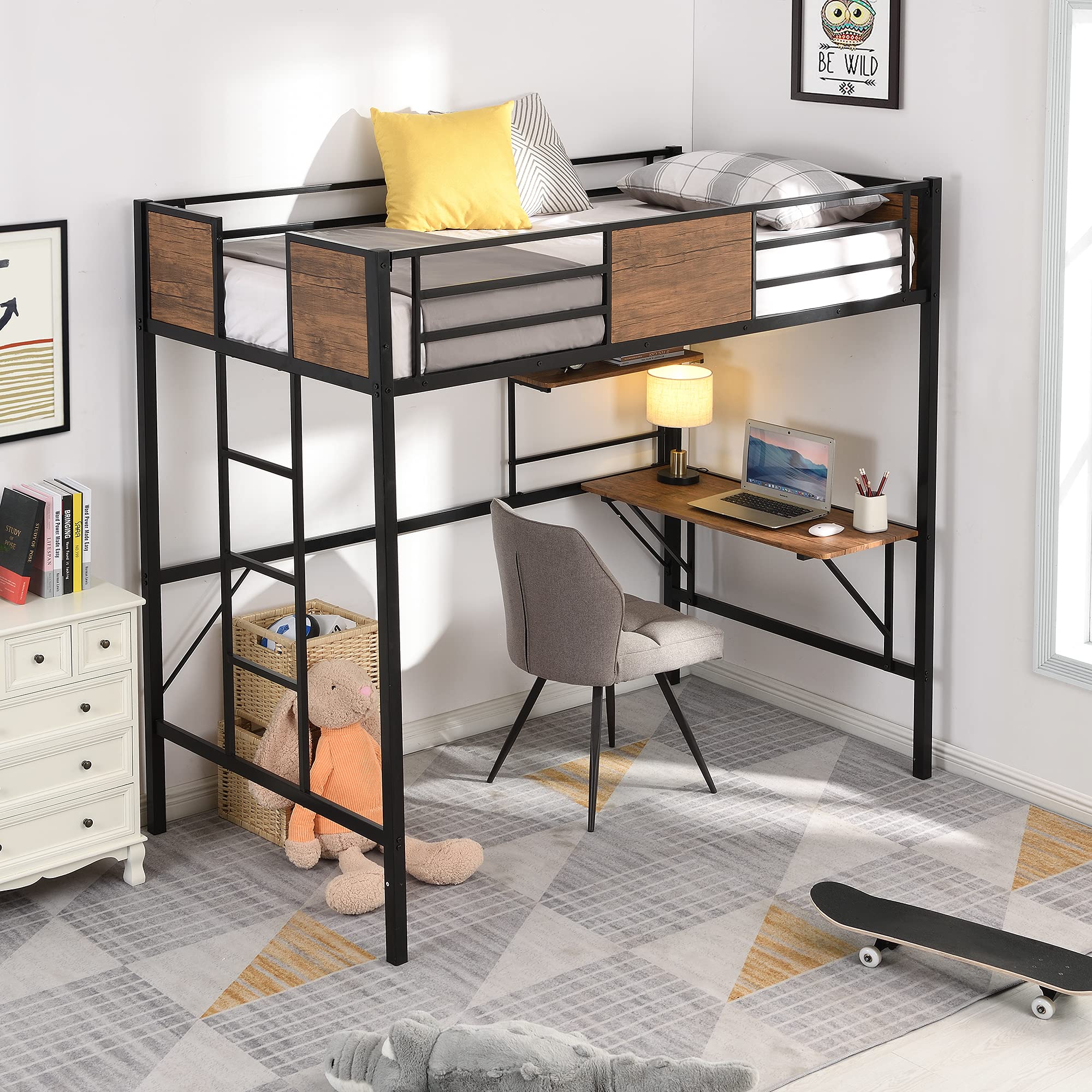 Metal Loft Bed with Desk & Storage Shelves - Twin Size Study Bed with Full-Length Guardrail & Built-in Ladder - No Box Spring Needed (Black Frame with Gray Boards) - Perfect for Small Bedrooms, Dorm Rooms & Home Office Spaces