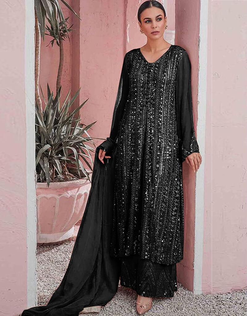 Elegant Black Sharara Style Suit - Premium Faux Georgette Fabric for Women's Ethnic Wear - Perfect for Weddings, Parties & Festive Occasions