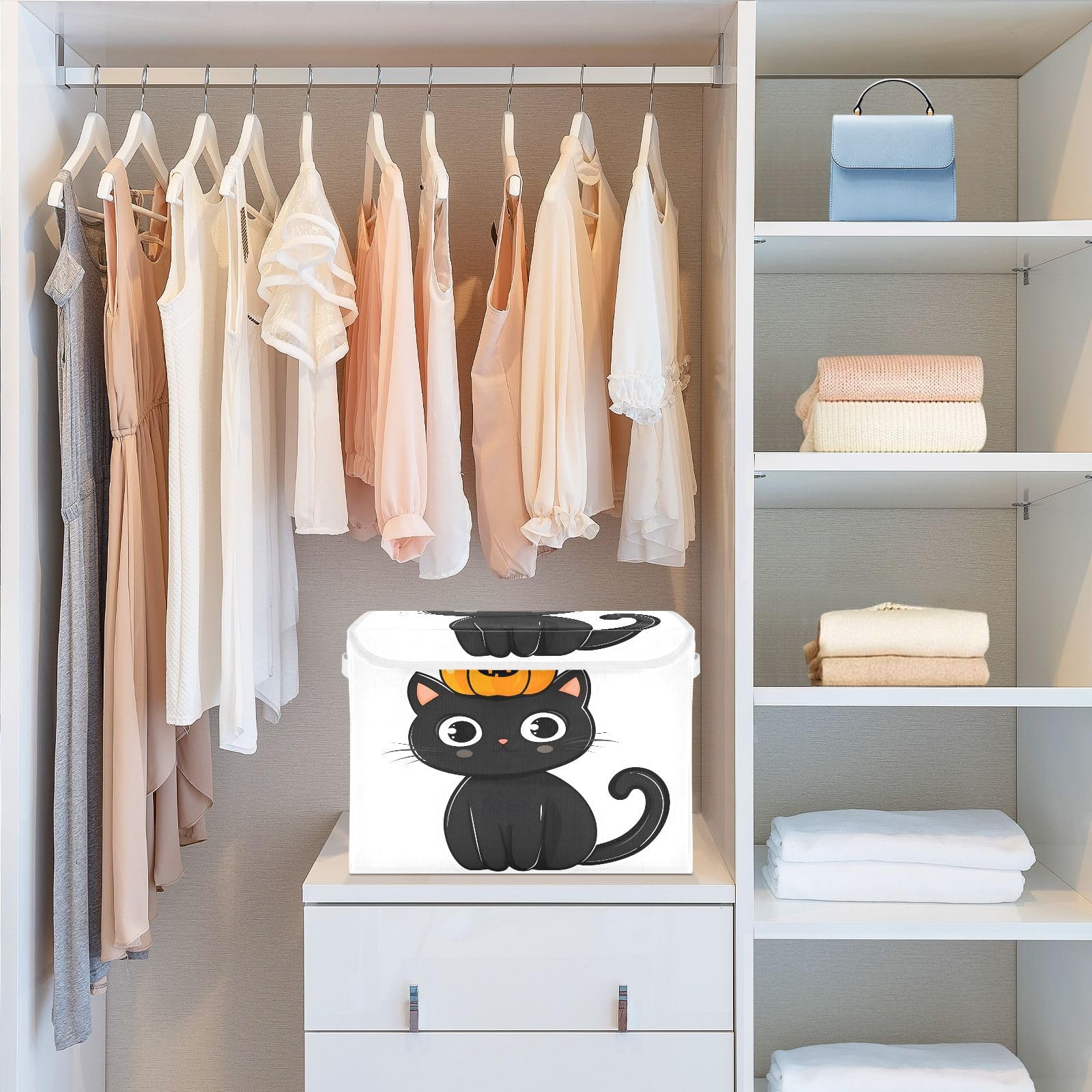 Foldable Fabric Storage Bins with Lids - Collapsible Pumpkin Head Kitten Design Organizer Baskets for Home, Bedroom, Closet & Office | Space-Saving Home Organization Solution