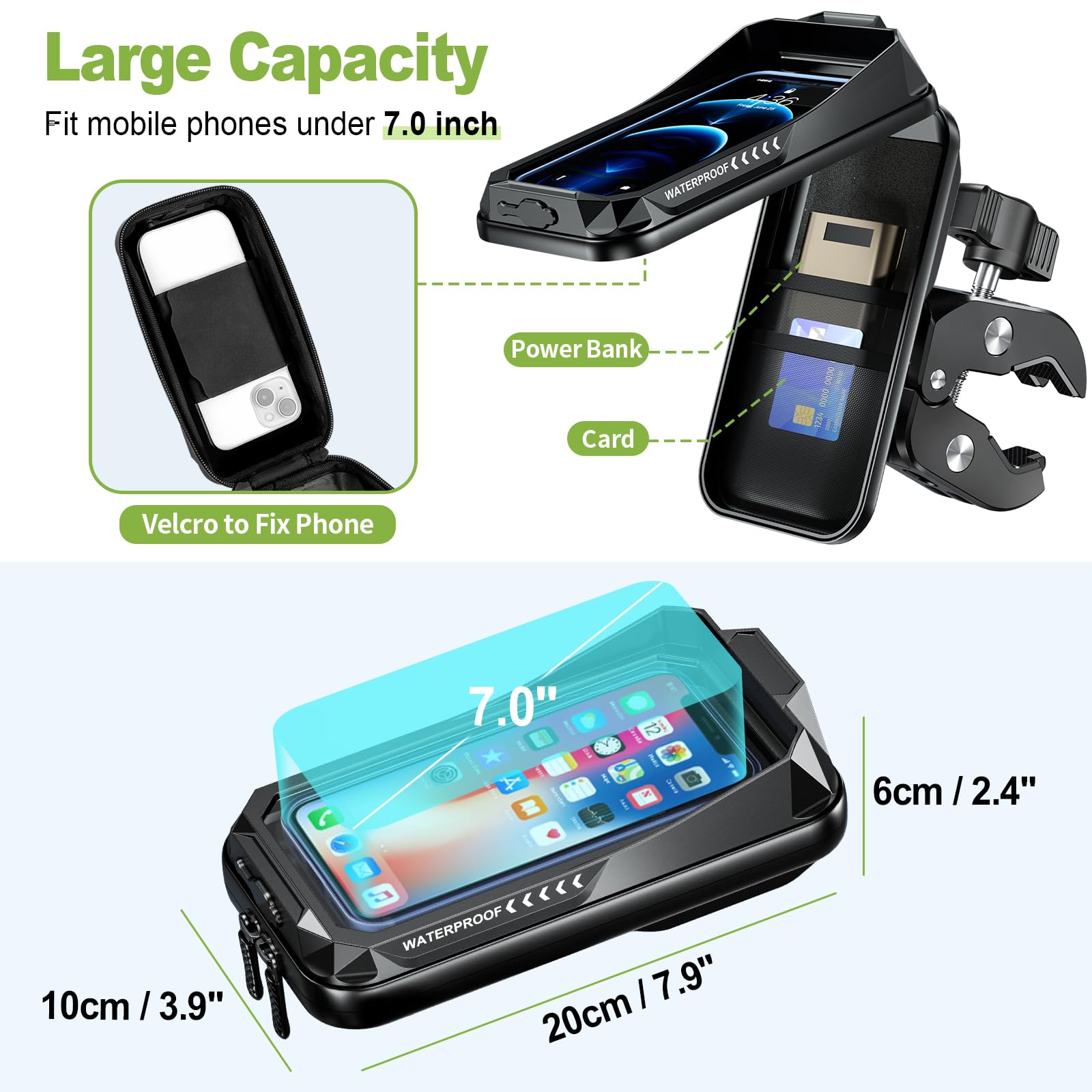 BTNEEU Universal Motorcycle Phone Mount - 360° Rotatable, Anti-Vibration, Waterproof Smartphone Holder for Bikes with Touch Screen Access (Fits Phones up to 7 Inches, Black) - Perfect for GPS Navigation, Commuting & Adventure Riding