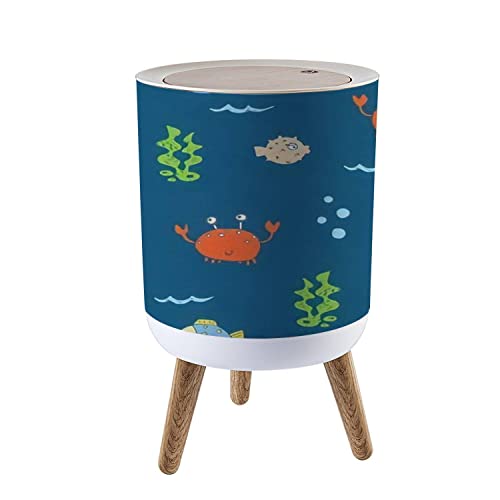 Nordic Style Push Top Trash Can with Lid - 1.8 Gallon Cute Crab & Fish Cartoon Animal Doodles Round Garbage Bin with Legs - Scandinavian Modern Kitchen Bathroom Dog Proof Trash Can - Perfect for Home, Office, Nursery & Pet Areas (7L Capacity)