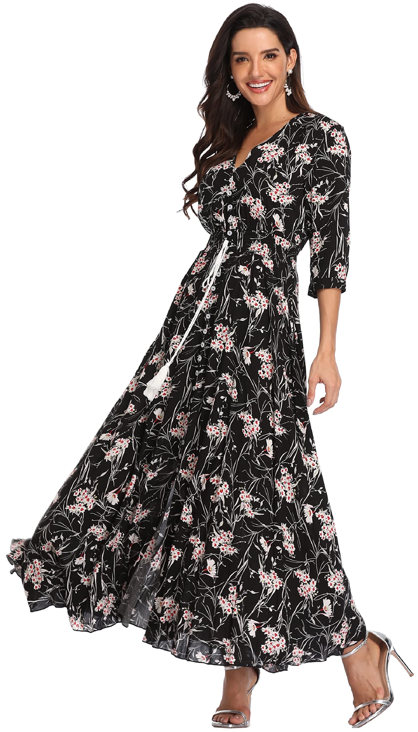 Boho Floral Maxi Dress for Women - Half Sleeve Button Up Long Dress with Side Slit | Perfect for Beach Vacation, Summer Parties & Casual Outings
