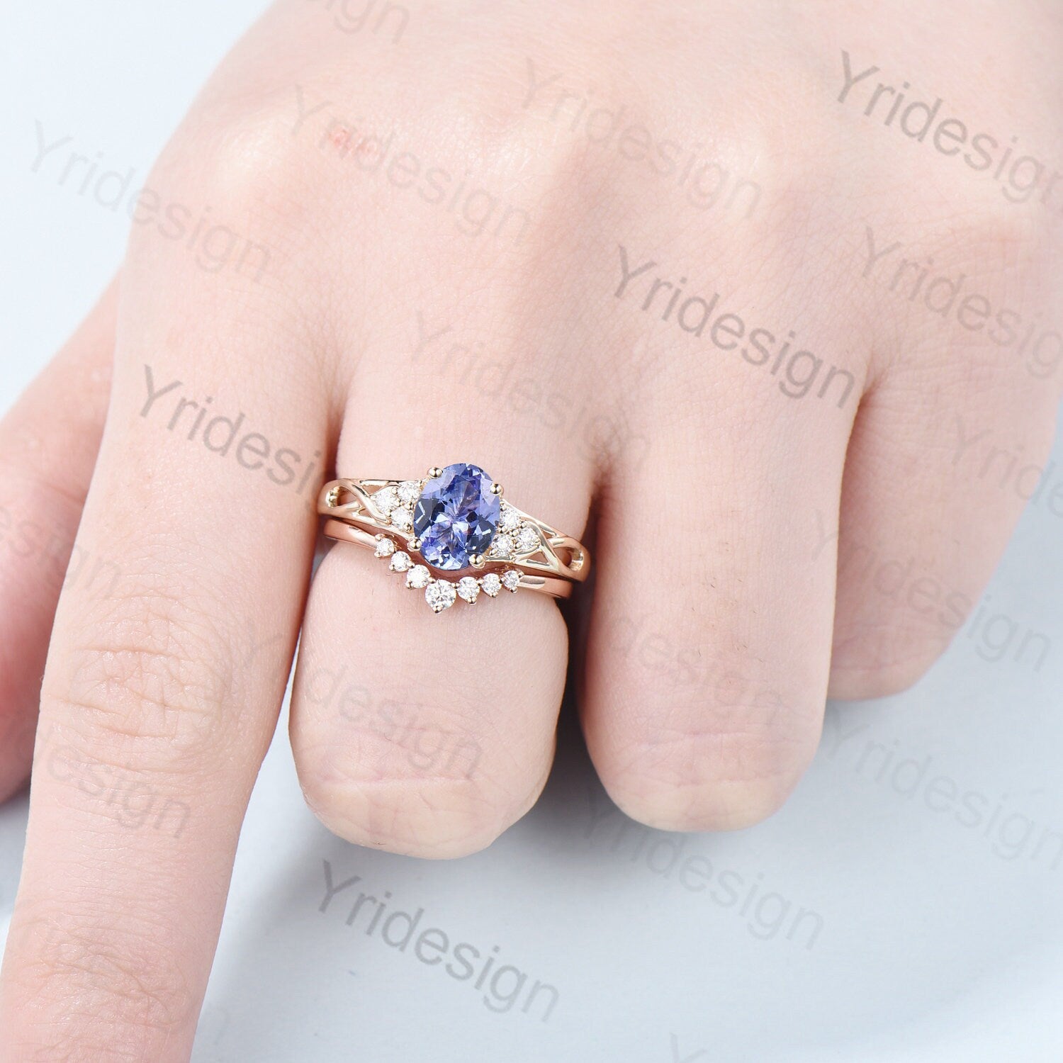 18K Yellow Gold Vintage Celtic Love Tanzanite & Diamond Engagement Ring Set for Women - Art Deco Wedding Jewelry with Natural Tanzanite Cluster | Perfect for Proposals, Anniversaries & Special Occasions
