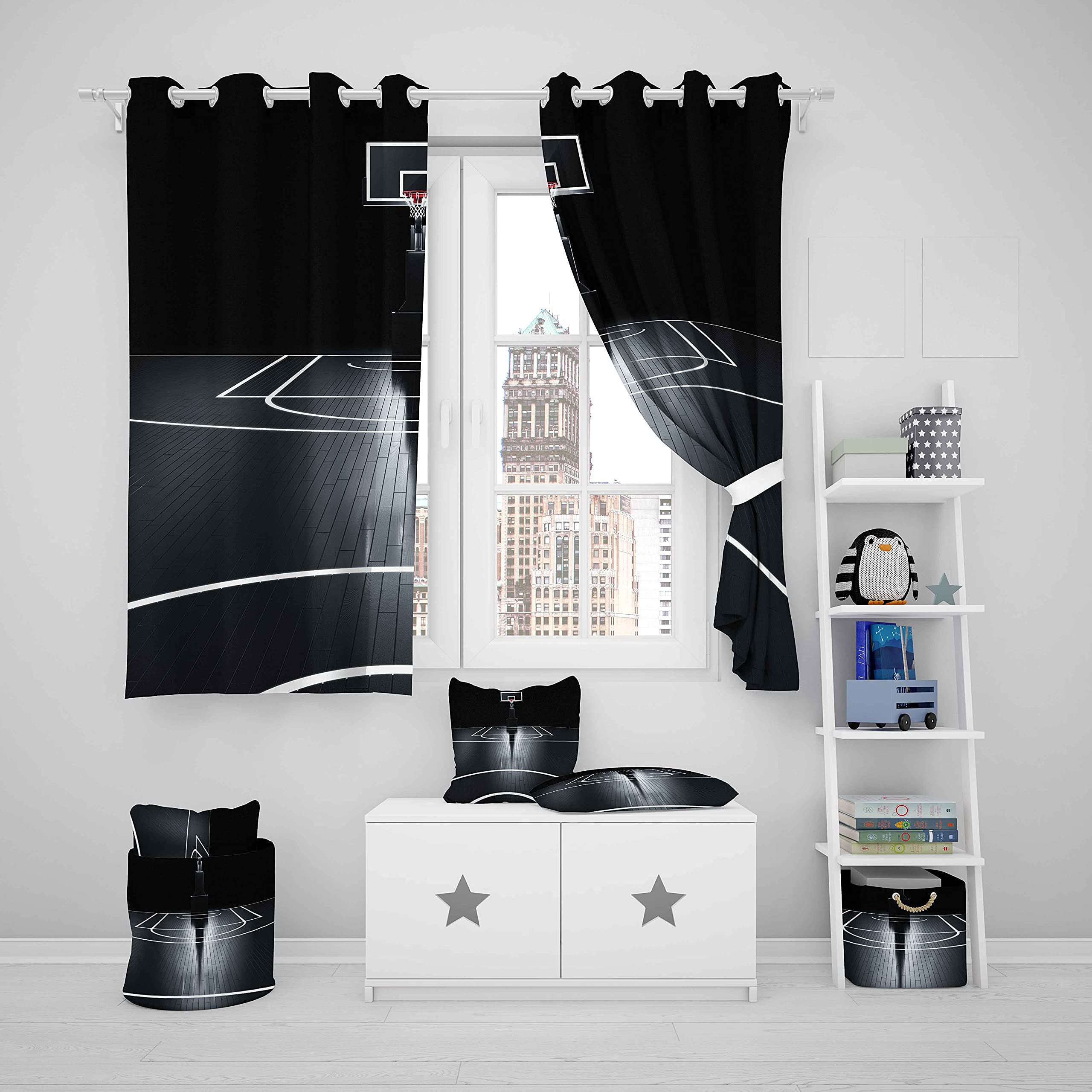 Basketball Curtains for Boys Room - Sports Themed Window Drapes for Kids & Teens - Black & White 42x63 Inch Basketball Court Design - Perfect for Bedroom, Living Room & Game Room Decor - 2 Panels