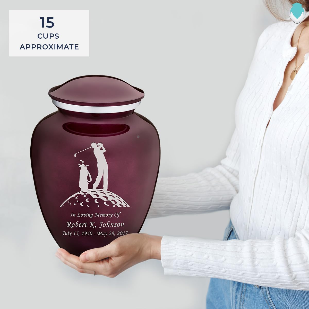 Personalized Golf Cremation Urns for Ashes - Large Cherry Purple Funeral Urn for Men & Women with Double-Sided Engraving (Holds 200 lbs) - Memorial Keepsake for Golf Lovers, Perfect for Home Display or Burial Ceremony