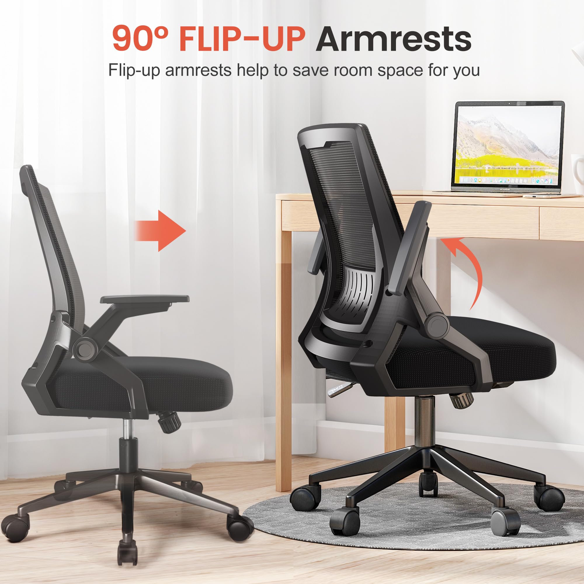 Ergonomic Office Chair with Flip-Up Armrests & Lumbar Support - Adjustable Computer Desk Chair for Home Office, Black (20