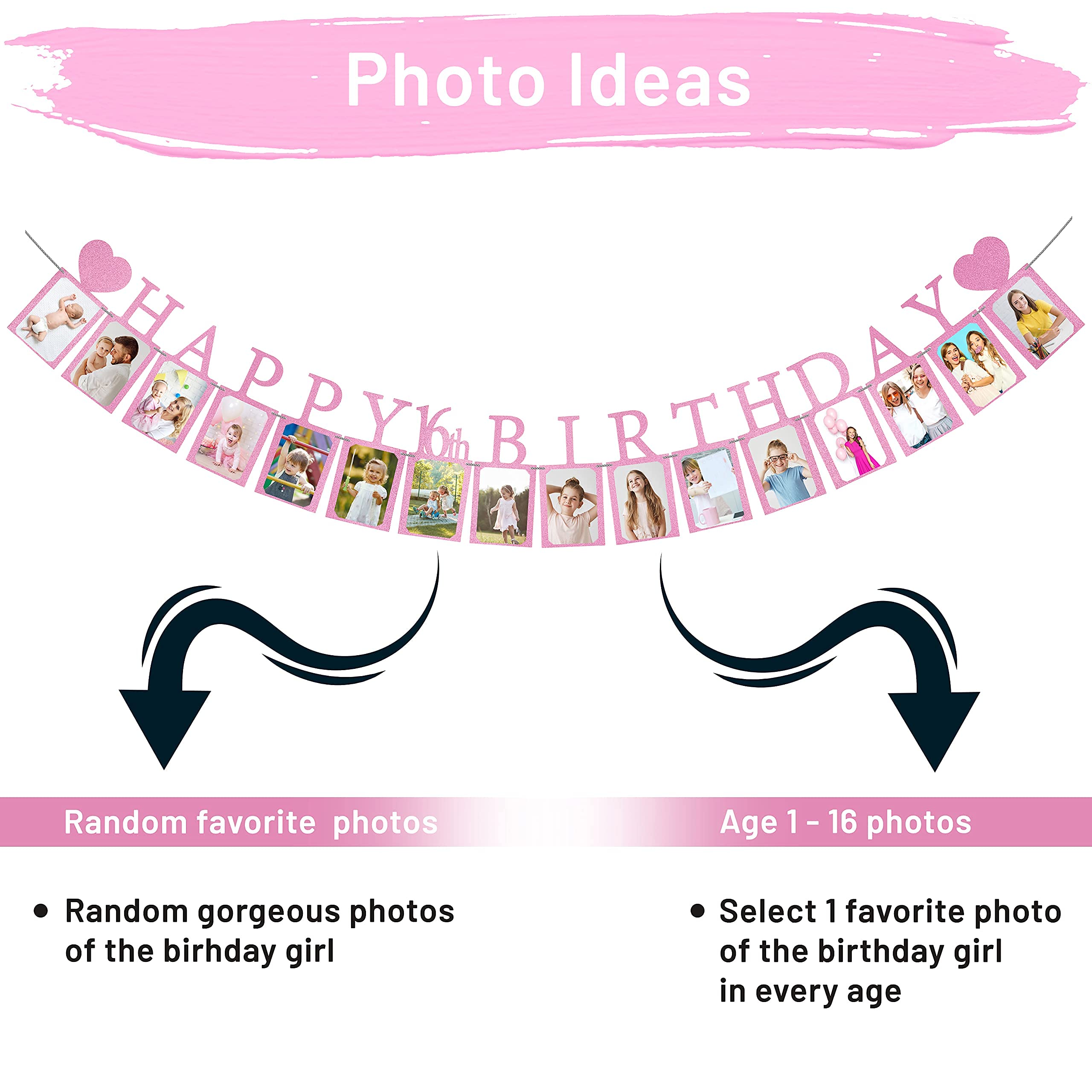 Sweet 16 Birthday Party Decorations - Purple Pre-Assembled Photo Banner with 16 Card Frames | Happy 16th Birthday Decor for Girls | Perfect for Sweet Sixteen Parties, Photo Booths & Milestone Celebrations