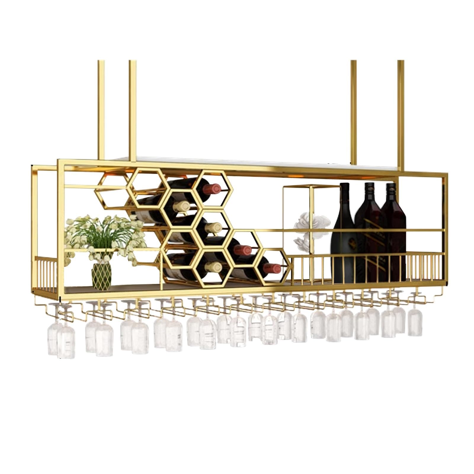 Large Capacity Honeycomb Ceiling Wine Glass Rack - 39.7 Inch (100cm) Gold Hanging Wine Bottle Storage Display for Home Bar, Kitchen & Dining Room - Perfect for Wine Enthusiasts & Entertaining Guests