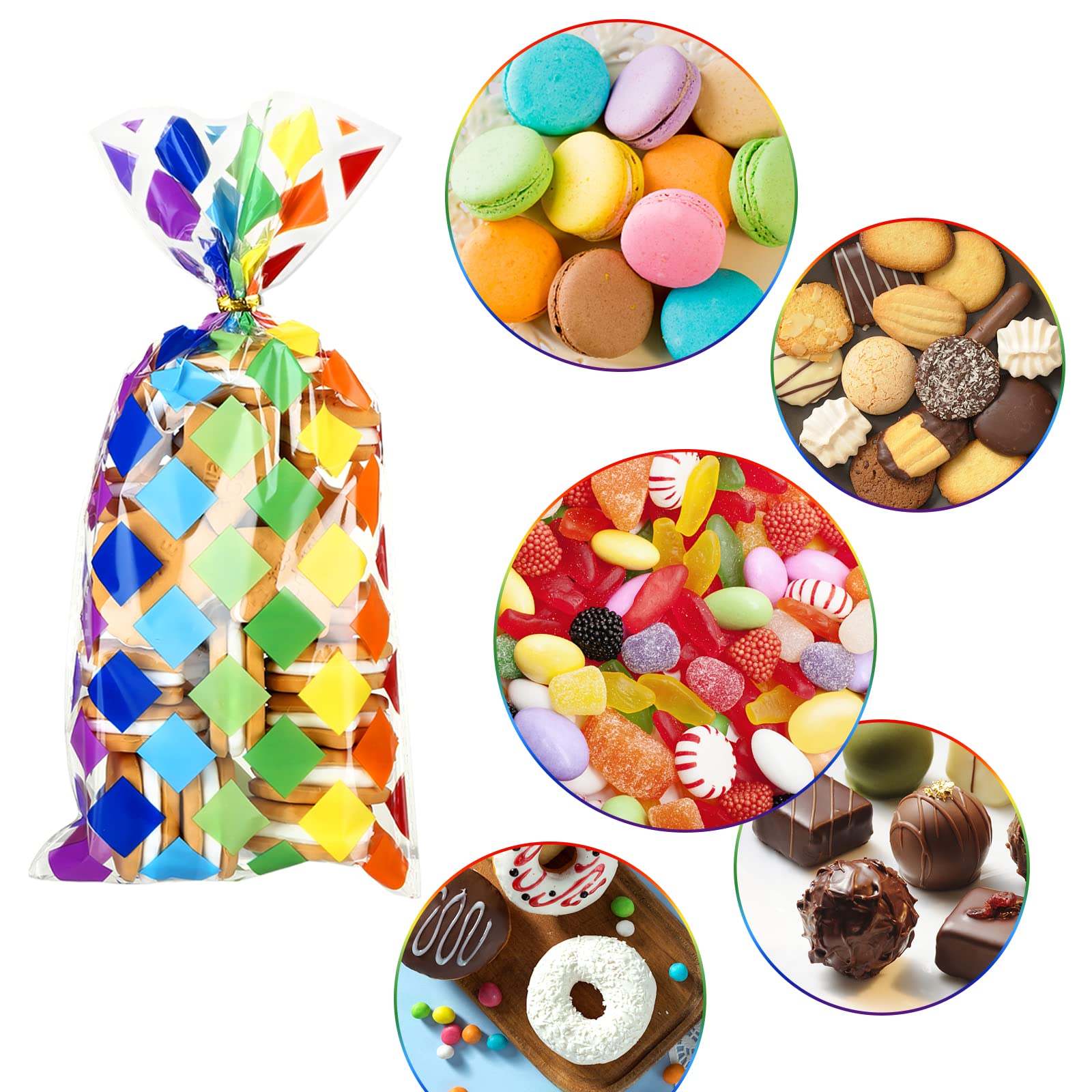 Kesote 100-Piece Rainbow Cellophane Treat Bags with Ties - Colorful Printed Plastic Goodie Bags for Candy, Party Favors & Kids Birthday Supplies - Perfect for Summer Parties, Halloween Treats & Holiday Gift Giving
