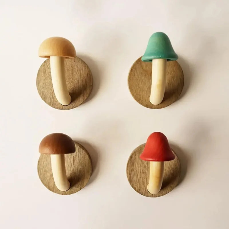 Mushroom Grove Wall Hooks - Set of 4 Rustic Wooden Hooks for Coats, Hats & Keys - Perfect for Entryway, Bedroom & Bathroom Organization