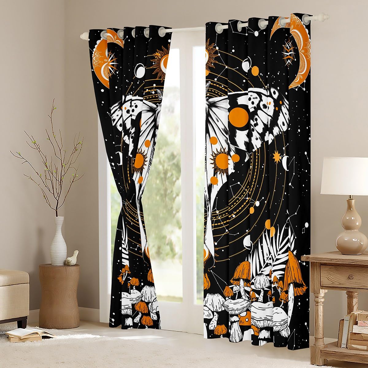 Trippy Yellow Mushroom & Moon Phases Window Curtains Set of 2 Panels - 38x54 Inches Hippie Galaxy Bedroom Decor for Teens & Adults | Perfect for Boho, Astrology & Psychedelic Room Themes
