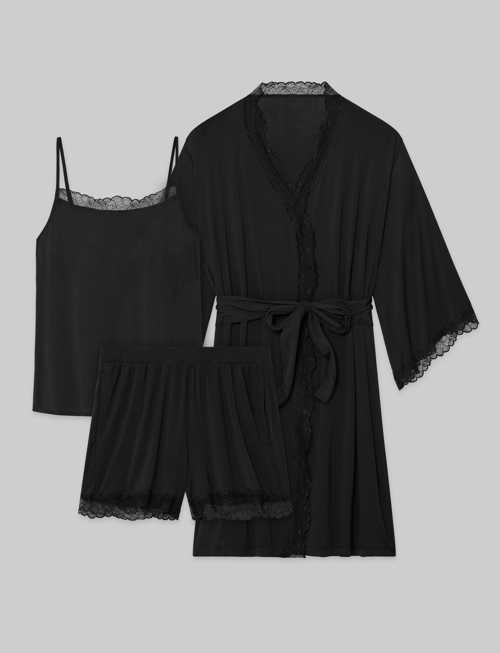 Women's Second Skin Luxe Rib Lace Cami Top, Shorts & Robe Set - Soft Comfortable Lounge Wear for Sleepwear, Bridal Shower & Relaxing at Home