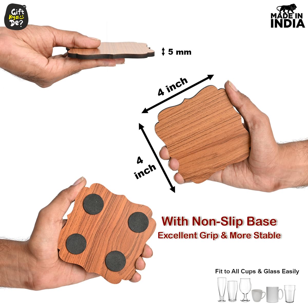 Premium Maharaja Design Wooden Coasters Set - 4 Pack Eco-Friendly Non-Slip Table Coasters for Coffee, Tea, Wine & Beer Glasses (4x4 Inch) - Perfect for Home, Office, and Restaurant Use