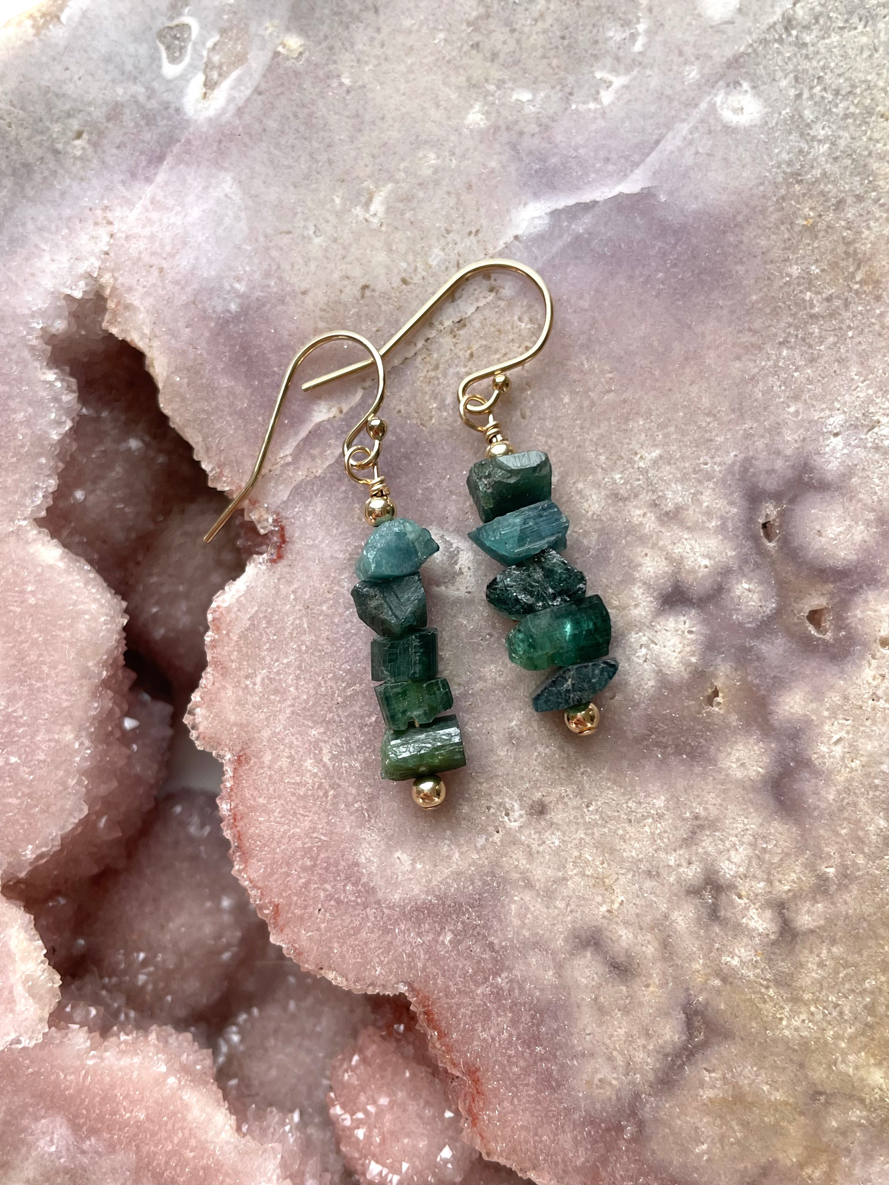 Natural Green Tourmaline Dangle Earrings - Raw Crystal Drop Earrings in 14K Gold for Women | Boho Chic Jewelry Gift for Birthday, Wedding & Everyday Wear
