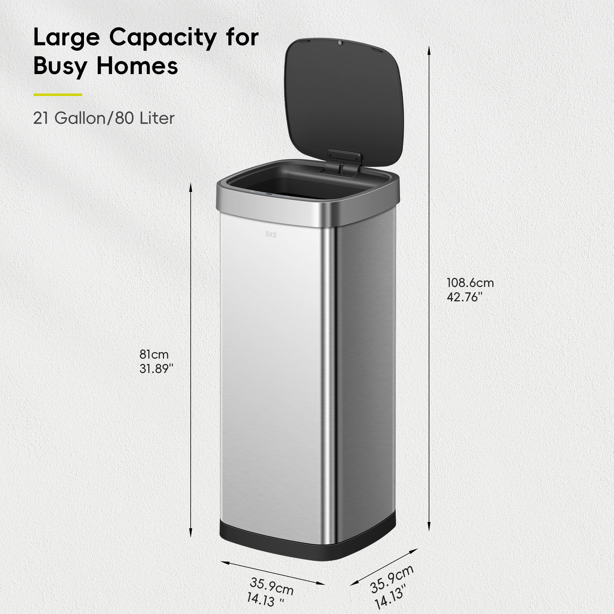 EcoSmart Sensor Trash Can 80L / 21.1 Gallon - Automatic Motion Sensor Tall Kitchen Garbage Bin with Lid, Large Capacity for Home, Office, or Restaurant Use