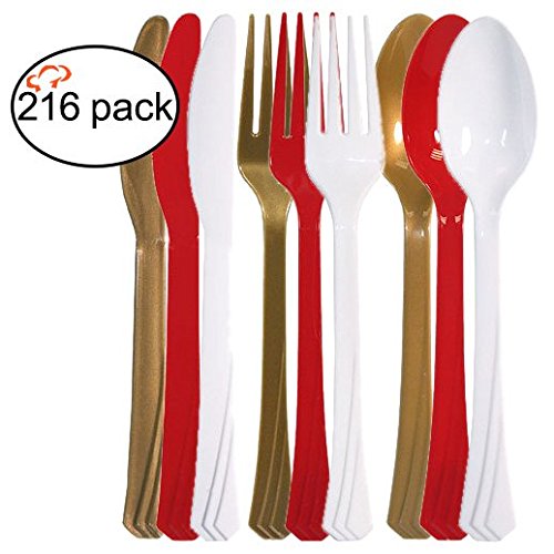 Tiger Chef 216-Pack Heavy Duty Plastic Cutlery Set - 72 Forks, 72 Teaspoons, 72 Knives in Red, Gold & Pearl Colors - Durable Disposable Silverware for Parties, Picnics, BBQs & Catering Events
