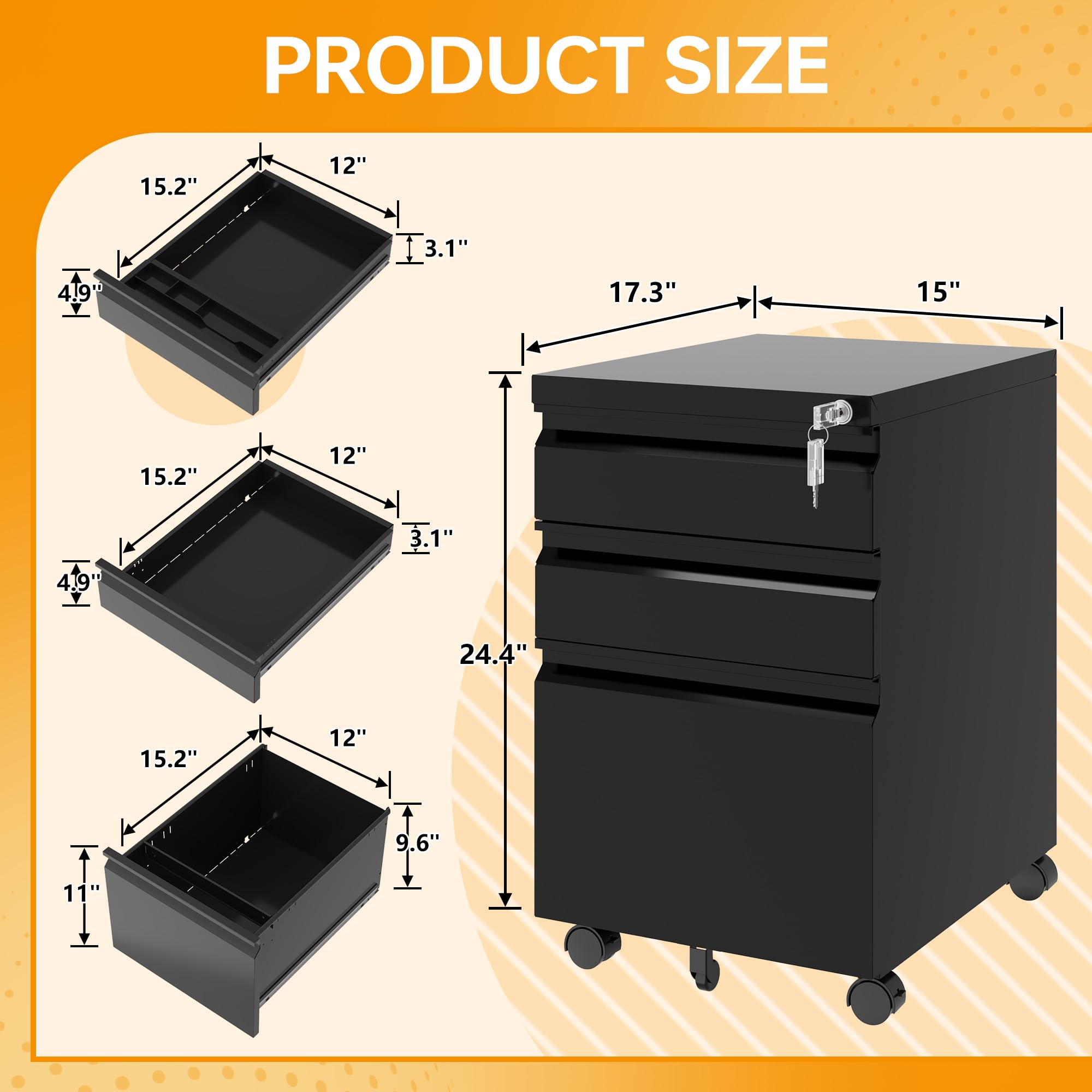 STANI 3-Drawer Locking Mobile File Cabinet with Wheels - Rolling Metal Office Storage Cabinet for Under Desk Use - Fully Assembled for Easy Setup - Perfect for Home Office, School, and Workspace Organization