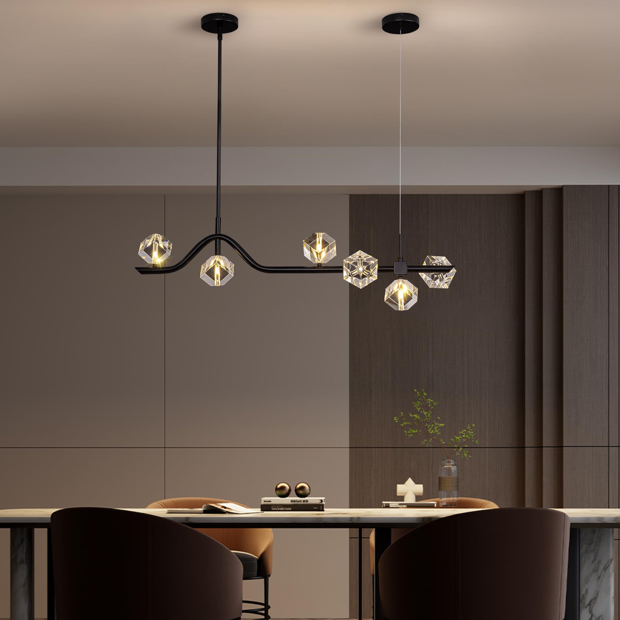 Modern 6-Light Black Crystal Chandelier for Dining Room, Living Room & Kitchen Lighting, Elegant Ceiling Light Fixture Over Table, Perfect for Home Decor and Ambient Illumination
