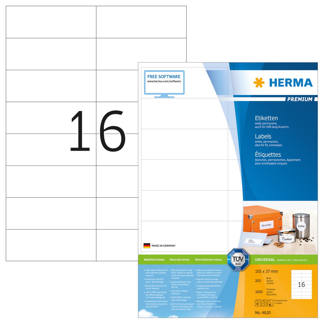 HERMA 4620 Self Adhesive Address Labels - 16 Labels per A4 Sheet, 200 Sheets (3200 Labels Total), 105x37mm Blank Mailing Stickers for Laser & Inkjet Printers - Perfect for Shipping, Packaging & Office Organization (White)